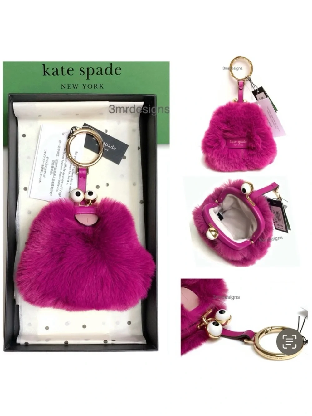 NWT Kate Spade ♠️MONSTERS FIZZY Soft Faux Fur & Leather Trim Coin Purse/ Keychai